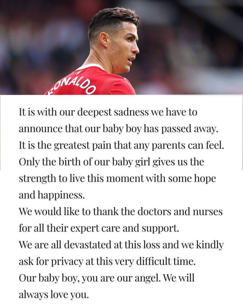Ronaldo announces one of his New born twin has passed away